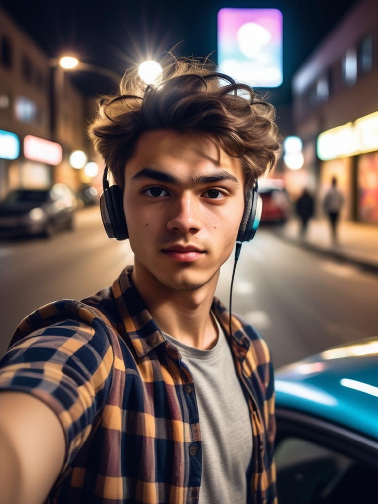 Prompt: Beneath soft nighttime lighting, a young man with tousled hair captures a selfie, his expression exuding a mix of confidence and casual ease. He wears a checkered shirt, with headphones tucked around his neck, suggesting a laid-back vibe amid a backdrop of a parked vehicle that bears a prominent and colorful logo. The scene is illuminated by distant streetlights, and a blurred glow hints at the presence of traffic nearby, creating a dynamic, urban atmosphere. The environment reflects the quiet of the night, contrasting with the faint bustle implied by the faint lights in the background. The composition draws attention to the individual while framing him against the vehicle, highlighting a moment of personal expression in a lively, yet tranquil setting.