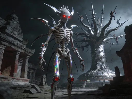 Prompt: Standing tall and menacing, in the middle of ruins of temples with non euclidian geometry, a thin scelettic creature vaguely humanoid, being without a face, hybrid of a insect and a machine, three meters tall, with four arms. Its skin resembles liquid mercury, shimmering with ever-shifting silver iridescence. Its forehead is adorned with curved metal blades, sharp as chrome scalpels. Silver spikes bristle from its neck, elbows, wrists, and knees. Its two eyes, faceted like cut rubies, shine with an intense red glow. in the distance we see a gigantic metallic tree, with a base diameter estimated at over 300 meters, bristling with long, razor-sharp thorns, upon its withered branches stretched skyward like a host of greedy claws, some people seems to be impaled alive. Landscape,
, Full-length portrait, hyperrealistic, ambient grim and gritty, dark and mysterious sci-fi feeling,
