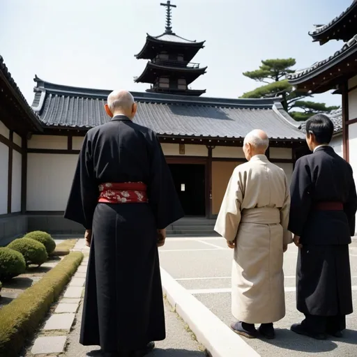 Prompt: "Una imagen realista de Pedro Arrupe, el sacerdote jesuita, en Jap�n durante la d�cada de 1940. Arrupe est� vestido con una sotana negra, de pie frente a una peque�a iglesia con arquitectura japonesa tradicional. A su alrededor hay un jard�n con �rboles de cerezo en flor. En el fondo, se puede ver un templo japon�s y monta�as. El ambiente es tranquilo, y Arrupe est� interactuando amablemente con algunos ni�os locales."