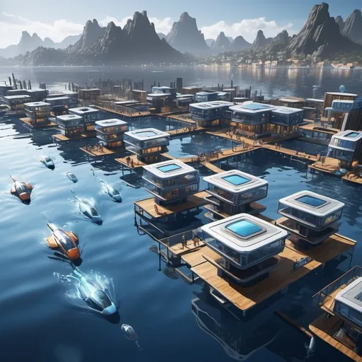 Prompt: Community having schools, youth hub, houses all on water. show the community literally on water. make the architecture very advanced and high tech, scifi level