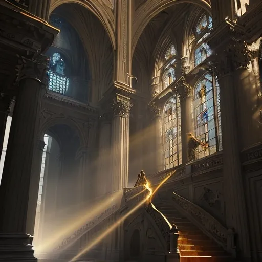 Prompt: This image depicts a dramatic and awe-inspiring scene set in a grand, celestial space. At the center of the composition, a figure cloaked in a radiant, flowing robe stands at the top of a wide staircase. A powerful beam of golden light descends from a glowing vortex above, bathing the figure in an ethereal glow. The light appears to pierce through swirling clouds, creating a divine and otherworldly atmosphere.

The staircase is framed by towering columns, giving the setting a monumental and ancient architectural feel. Surrounding the figure and filling the sky are angelic beings with wings, floating amidst the dramatic clouds and radiating a sense of movement and energy. The interplay of light and shadow enhances the mystical quality of the scene, with golden and fiery tones illuminating the otherwise dark, somber environment.

At the base of the staircase, shadowy, distressed figures reach upward, contrasting with the divine serenity above. The entire scene evokes themes of ascension, divine judgment, or a celestial revelation, with a powerful sense of grandeur and spiritual significance.
