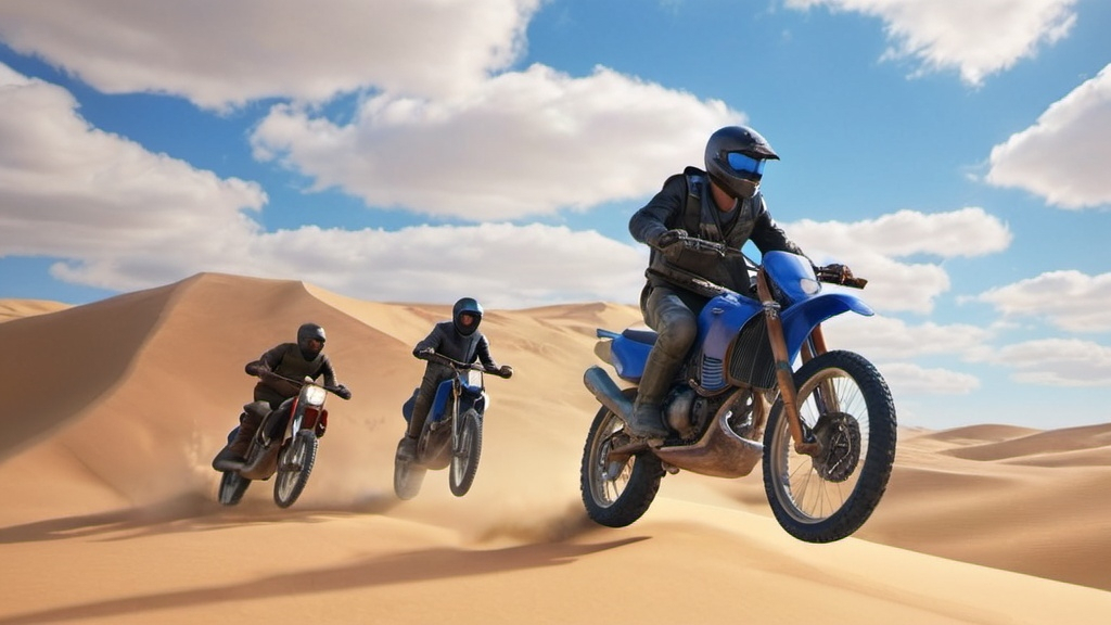 Prompt: a group of people riding motorcycles through the air over sand dunes in the desert, with a blue sky in the background, Amir Zand, photorealism, unreal 5, a 3D render