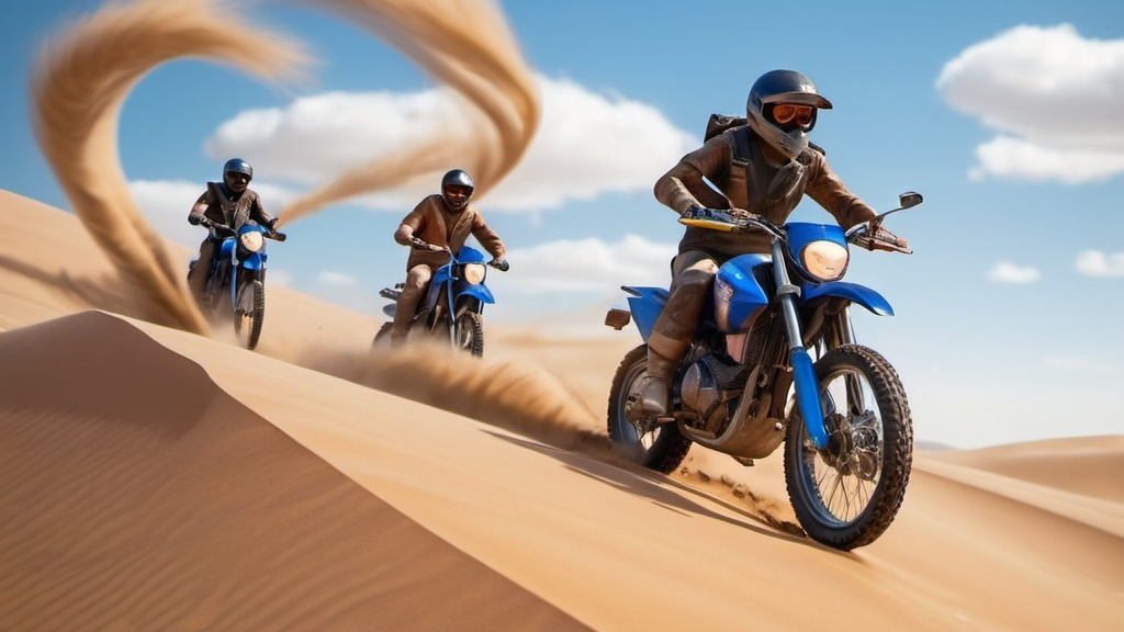 Prompt: a group of people riding motorcycles through the air over sand dunes in the desert, with a blue sky in the background, Amir Zand, photorealism, unreal 5, a 3D render