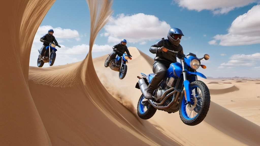 Prompt: a group of people riding motorcycles through the air over sand dunes in the desert, with a blue sky in the background, Amir Zand, photorealism, unreal 5, a 3D render