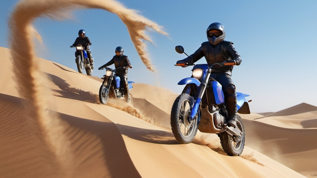 Prompt: a group of people riding motorcycles through the air over sand dunes in the desert, with a blue sky in the background, Amir Zand, photorealism, unreal 5, a 3D render