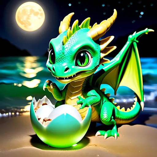 Prompt: A baby dragon emerge from the sea with green eyes and scales, graced by the moonlight and active at night to protect his tiny cracked egg shell