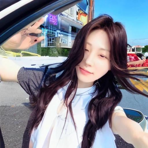 Prompt: beautiful korean female idol selfie, dashcam