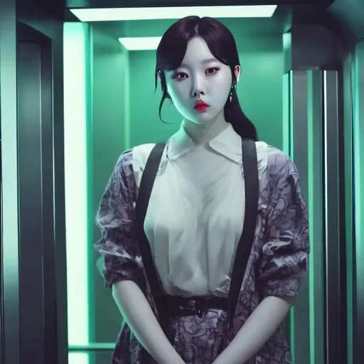 Prompt: sunmi disturbing skinny fat gun elevator tower kpop idol depressed korean woman girl tranny boy jeongyeon 