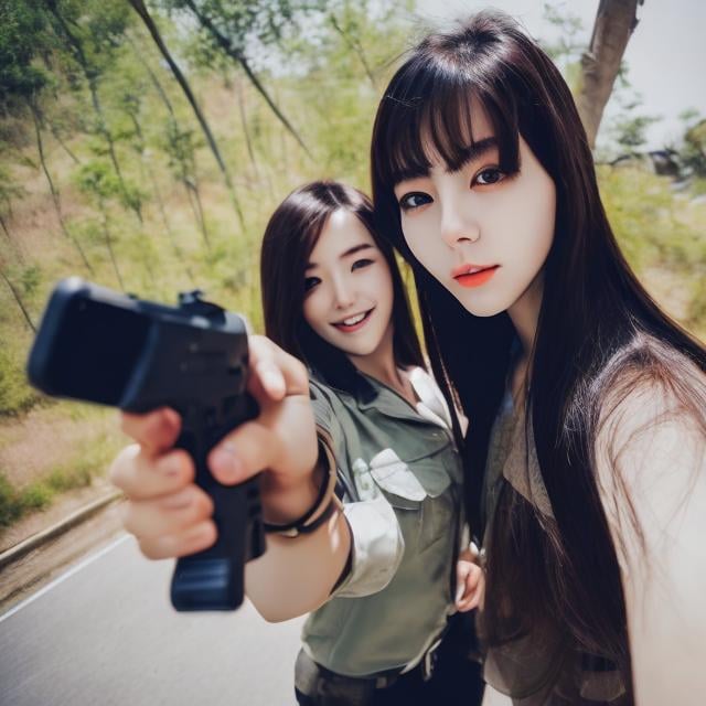 Prompt: korean woman selfie with gun