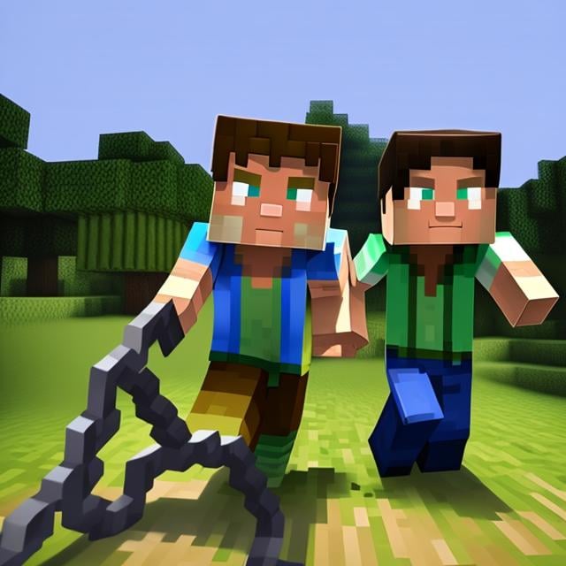 Prompt: minecraft steve and alex with a chain