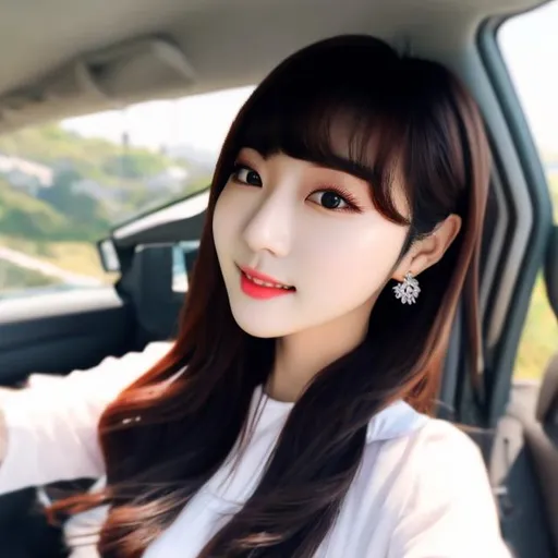 Prompt: beautiful korean female idol selfie, dashcam