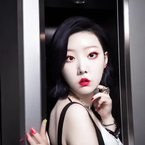 Prompt: sunmi disturbing skinny fat gun elevator tower kpop idol depressed korean woman girl tranny boy