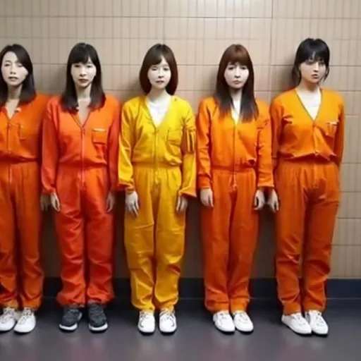 Prompt: 4 korean woman in jail with orange jumpsuits