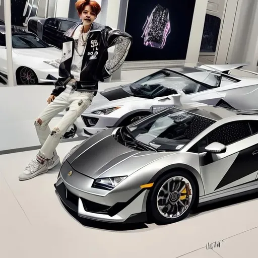 Prompt: jaemin nct sitting on a lambo with a cup full of lean and a diamond chain and diamond teeth
