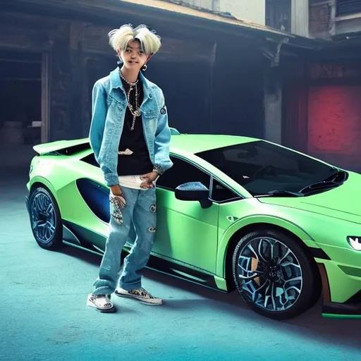 Prompt: jaemin nct sitting on a lambo with a cup full of lean and a diamond chain and diamond teeth