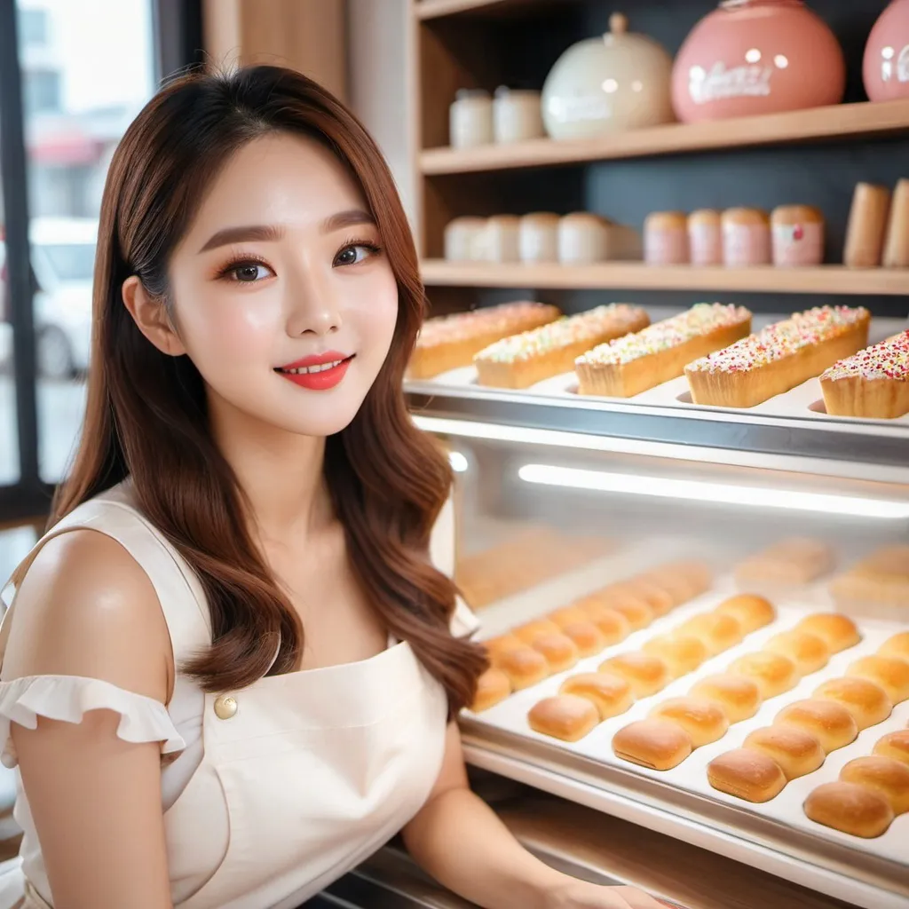 Prompt: HD photo of a Cute Korean woman in a cute korean bakery. Happy, Instagram photo, beautiful, Korean, k-beauty, makeup, lipstick, cutie, skinny