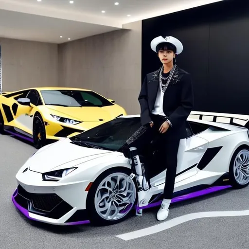 Prompt: jaemin nct sitting on a lambo with a cup full of lean and a diamond chain and diamond teeth