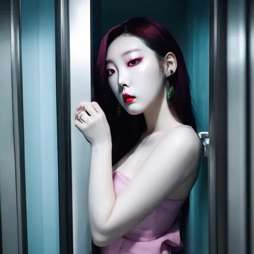 Prompt: sunmi disturbing skinny fat gun elevator tower kpop idol depressed korean woman girl tranny boy