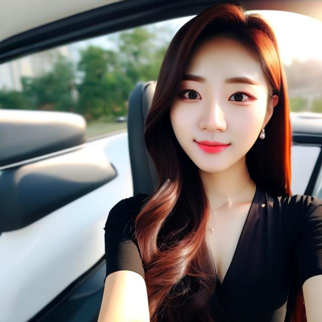 Prompt: beautiful korean female idol selfie, dashcam