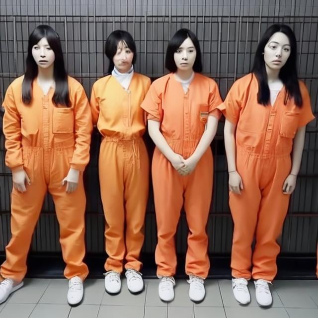 Prompt: 4 korean woman in jail with orange jumpsuits