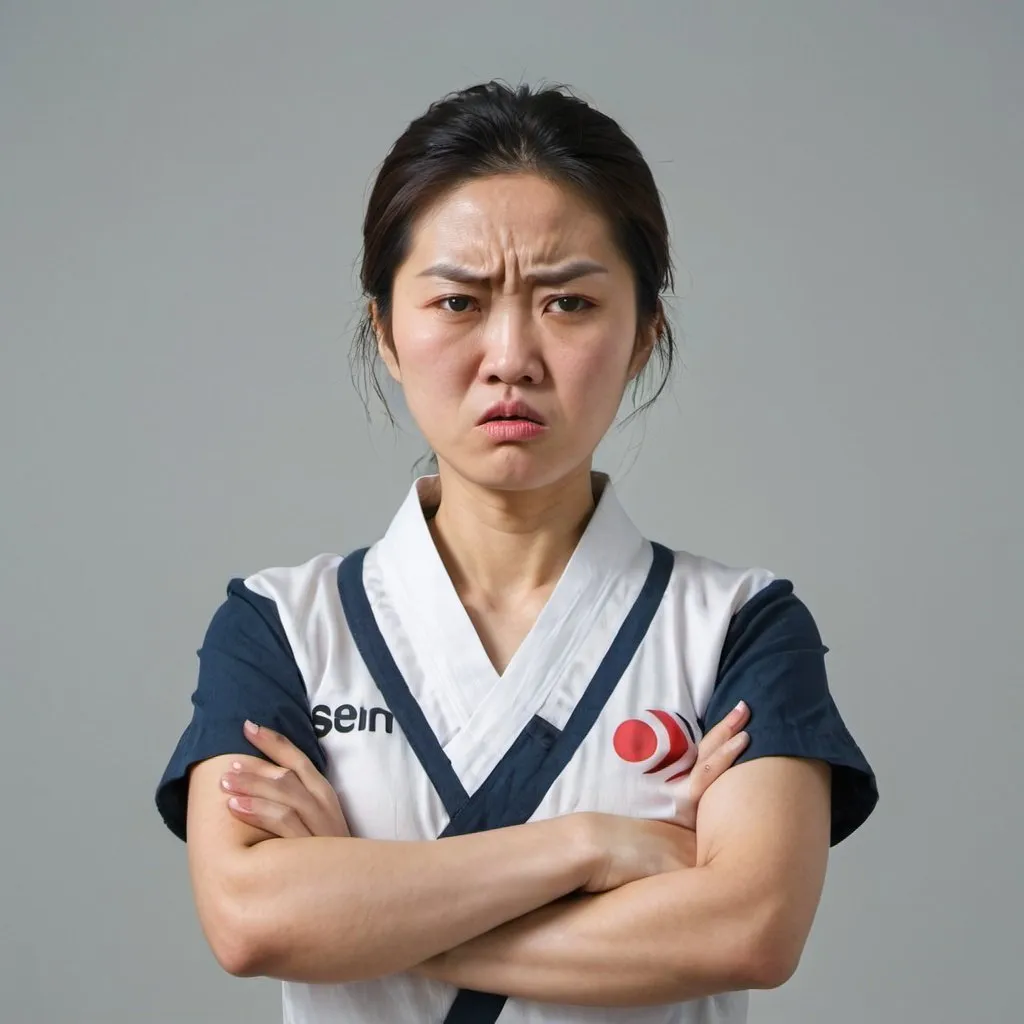 Prompt: angry korean woman with an angry expression with their arms crossed