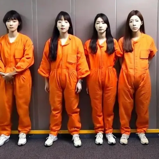 Prompt: 4 korean woman in jail with orange jumpsuits