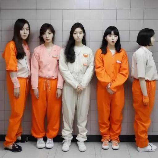 Prompt: 4 korean woman in jail with orange jumpsuits