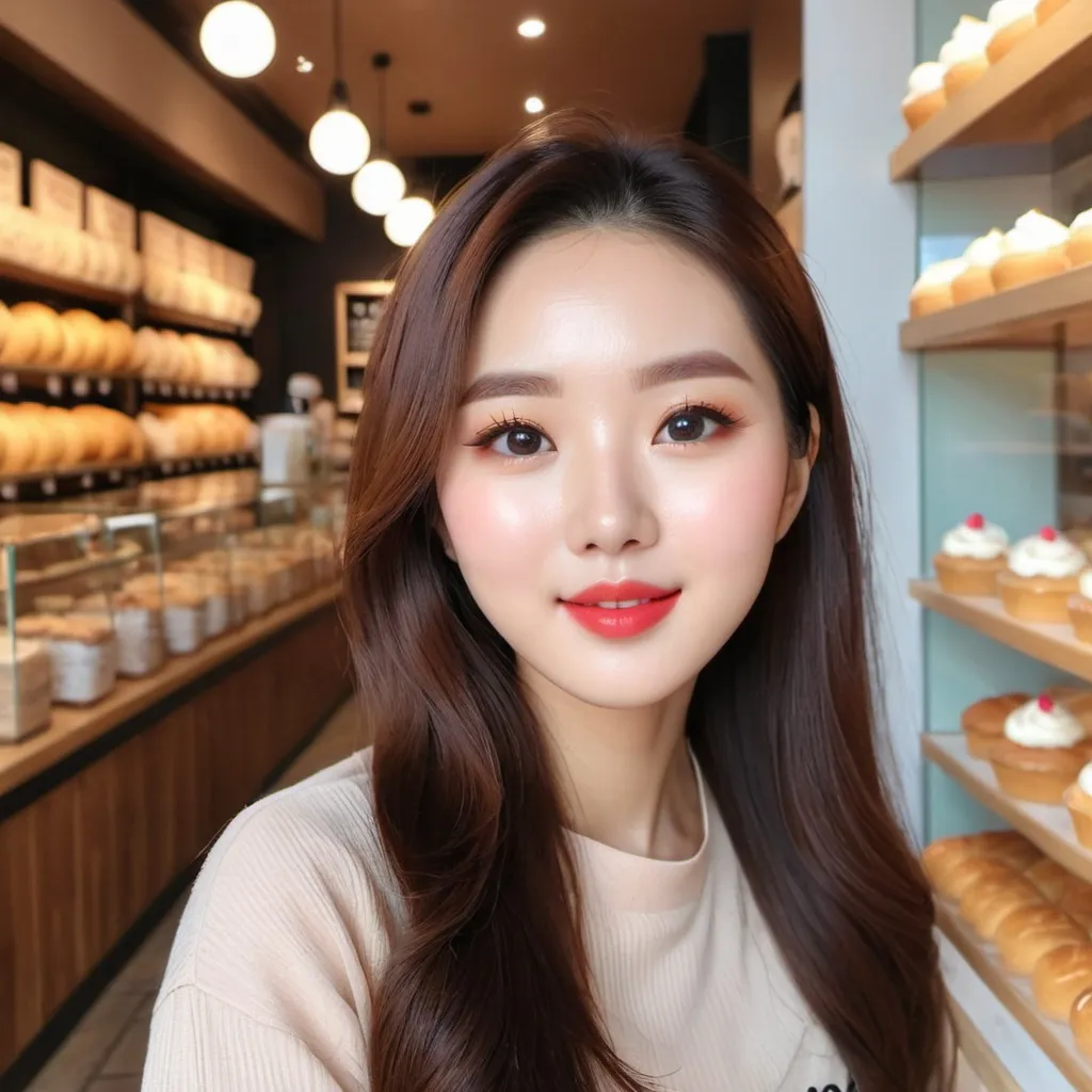 Prompt: HD photo of a Cute Korean woman in a cute korean bakery. Happy, Instagram photo, beautiful, Korean, k-beauty, makeup, lipstick, cutie, skinny