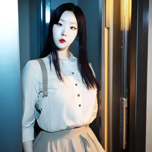 Prompt: sunmi disturbing skinny fat gun elevator tower kpop idol depressed korean woman girl tranny boy