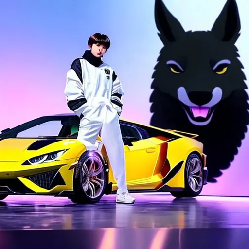 Prompt: soobin txt sitting on a lambo with a cup full of lean and a diamond chain and diamond teeth