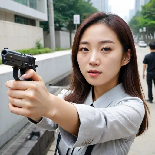 Prompt: korean woman selfie with a gun