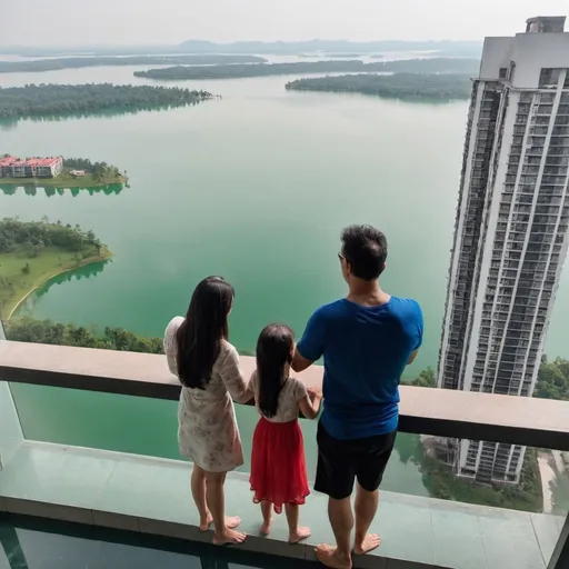 Prompt: Husband, wife and kid enjoying view from top floor of building with 35 floors to serene lake