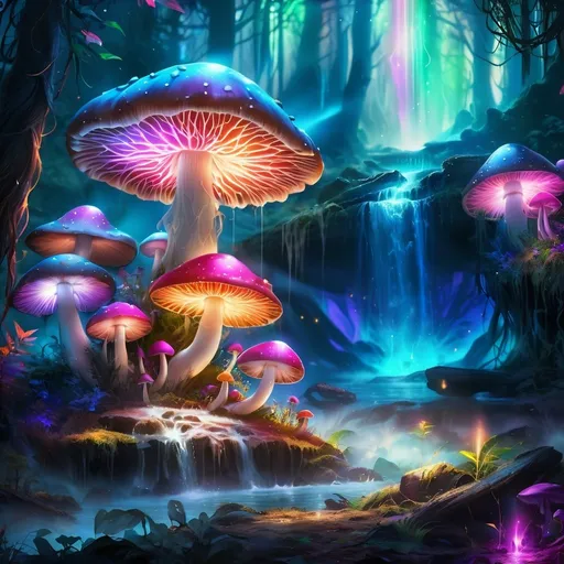 Prompt: Magic mushrooms themed scene. Colors primarily vibrant and glowy against the overall darker toned background. Drawn more in a realistic style with magical lighting. More woodland magical vibes.
