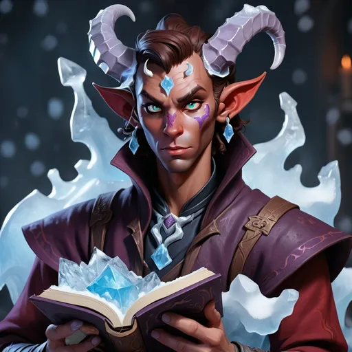 Prompt: Sick male tiefling holding a magical book covered in ice