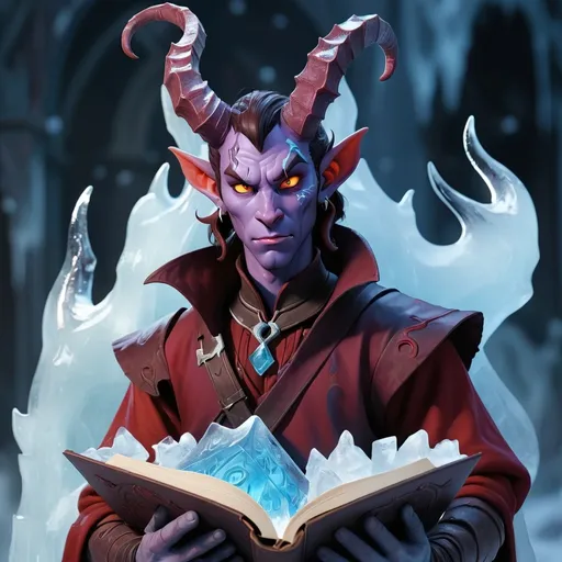 Prompt: Sickly male tiefling holding a magical book covered in ice with a demon behind him