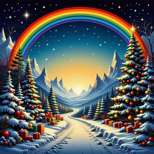 Prompt: A rainbow colored Christmas scene in the art nouveau style