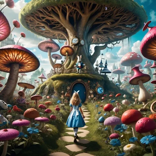 Prompt: A magical and imaginative journey through the world of Alice in Wonderland with peculiar characters and enchanting landscapes, ideal for a captivating VR exhibit