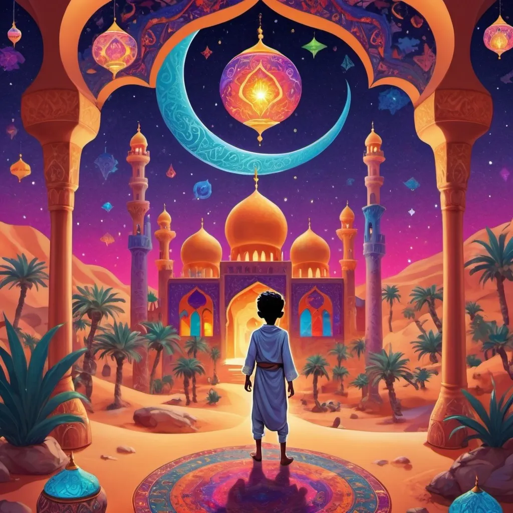 Prompt: Colorful Psychedelic game of Arabian Nights - like world with a BOY as the main character 