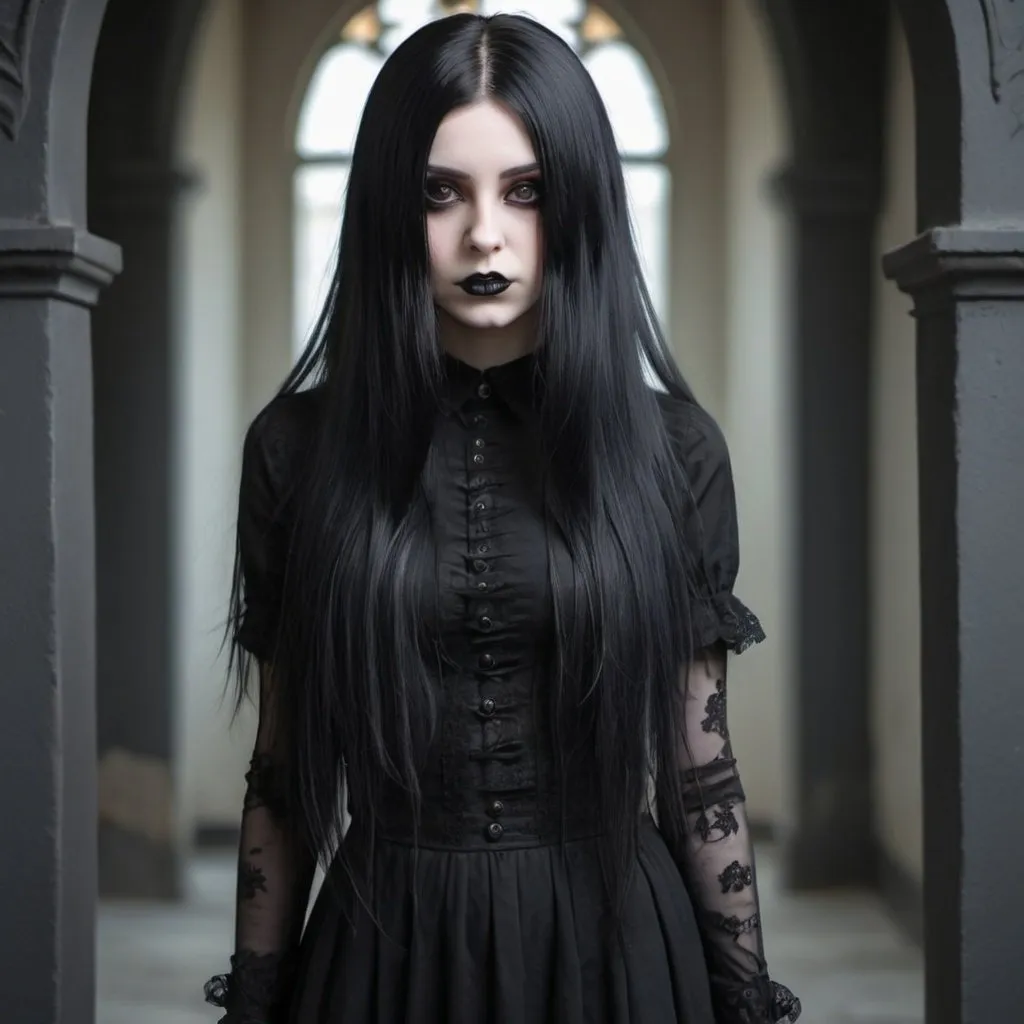 Prompt: a goth girl seen from head to toe standing with long black hair