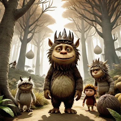 Prompt: A magical and imaginative journey through the world of Where the Wild Things Are with peculiar characters and enchanting landscapes, ideal for a captivating VR exhibit