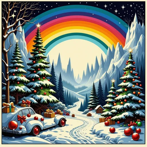 Prompt: A rainbow colored Christmas scene in the art nouveau style