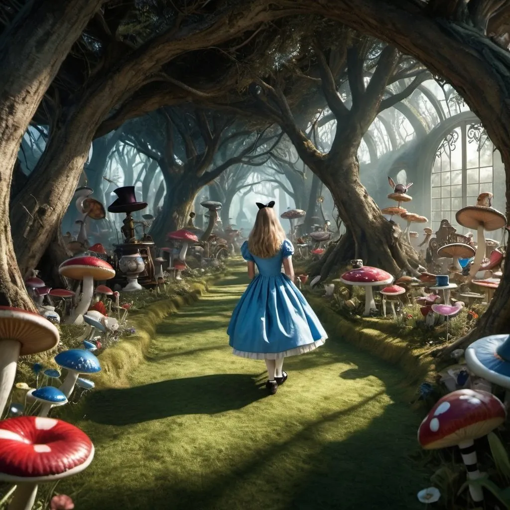 Prompt: The world of Alice in Wonderland to be used in a proposal for a virtual reality exhibit that allows you to be immersed in the story