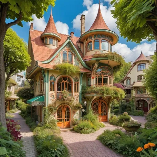 Prompt: Whimsical and vibrant art nouveau village with intricate details and lush gardens