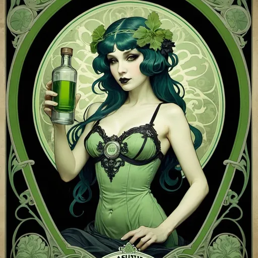 Prompt: A gothic Mucha inspired advertisement for absinthe