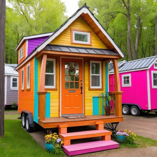 Prompt: An eclectic and brightly colorful art nouveau-inspired tiny house village