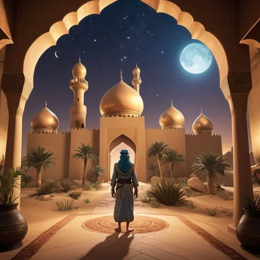 Prompt: A magical and imaginative journey through the tales of the Arabian Nights with peculiar characters and enchanting landscapes, ideal for a captivating VR exhibit