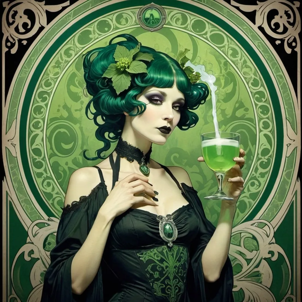 Prompt: A gothic Mucha inspired advertisement for absinthe