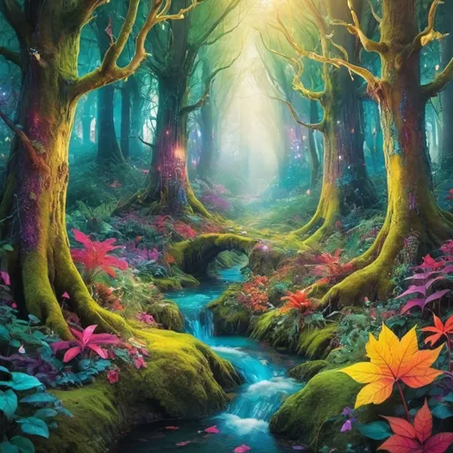 Prompt: A bright and vibrant enchanted forest