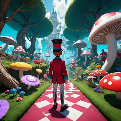 Prompt: Colorful VR game of an Alice in Wonderland-like world with a BOY as the main character 