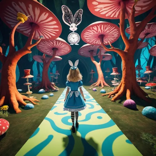 Prompt: Image from a VR game of a Psychedelic Alice in Wonderland where Alice is a boy